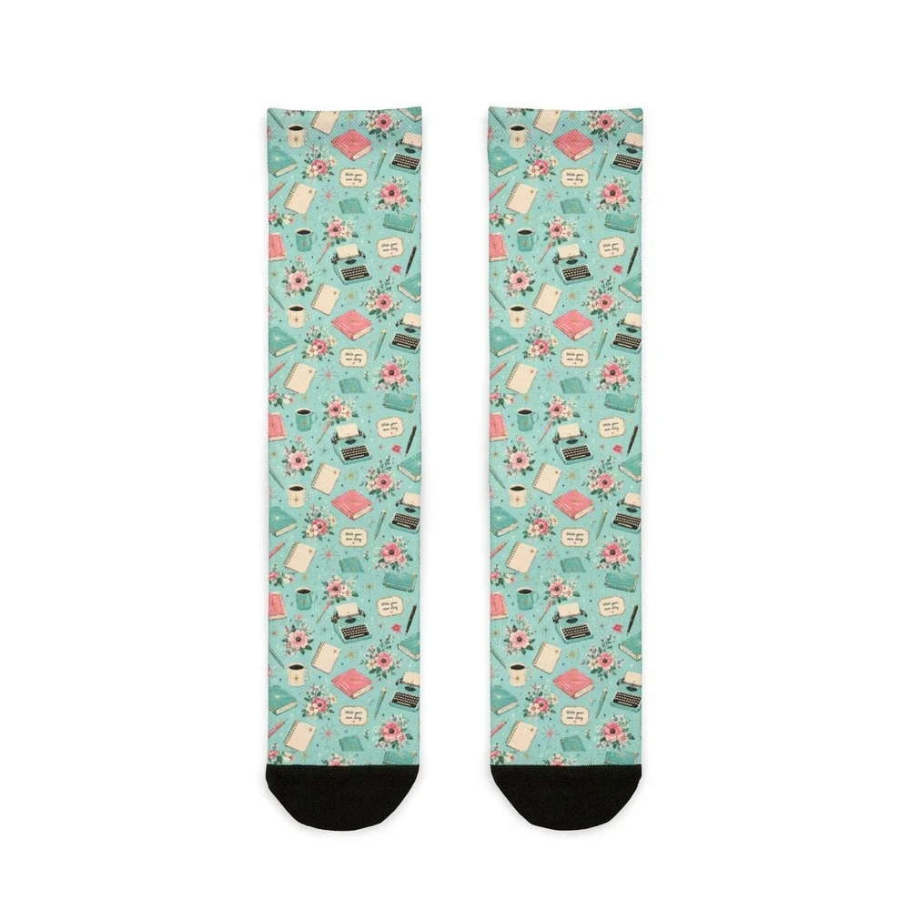 Floral Typewriter Writer Crew Socks | Teacup Pattern, Mint‎ Floral Socks